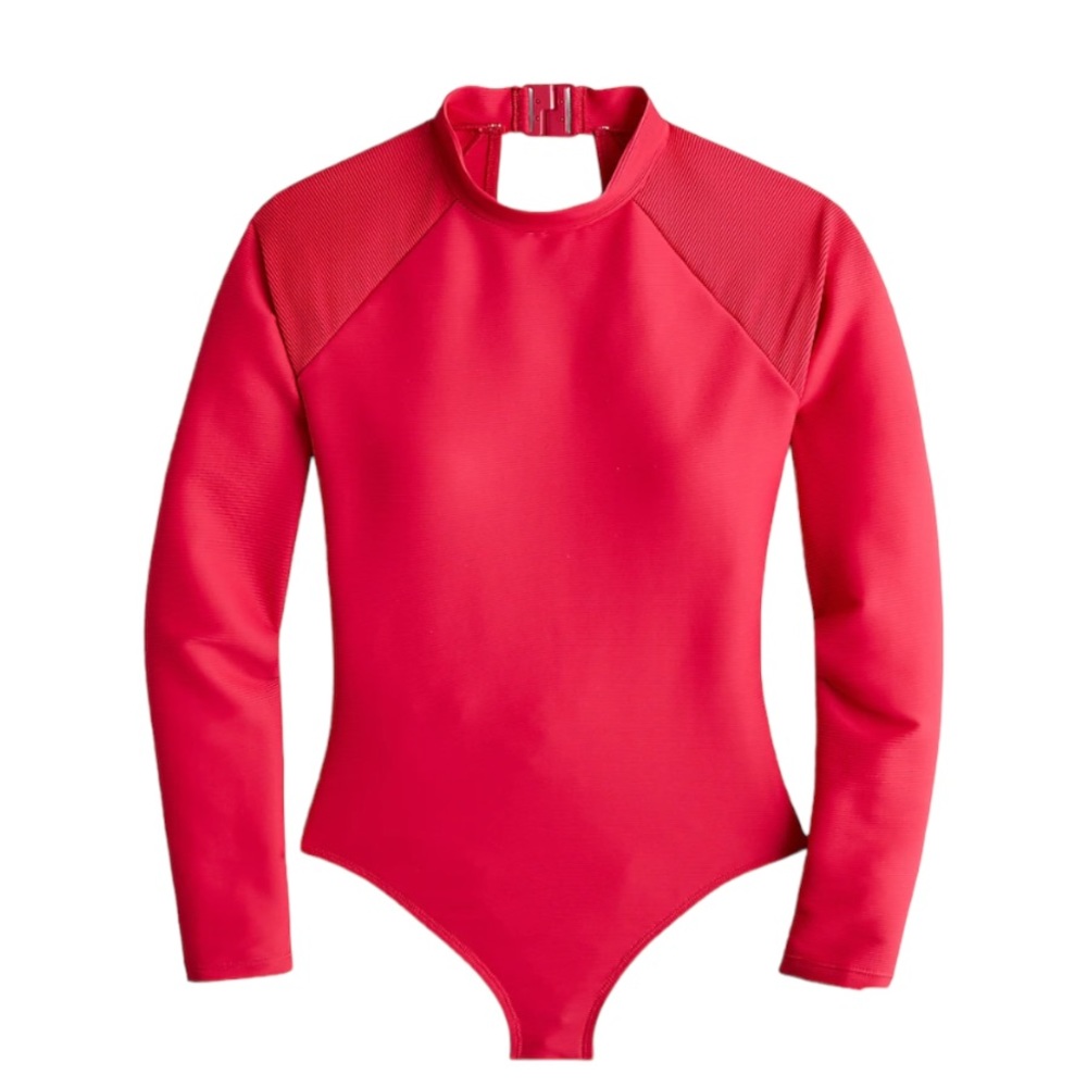 New J Crew Active Ribbed Long Sleeve One Piece Swim Suit in Wild Hibiscus Sz 20 - Picture 3 of 16